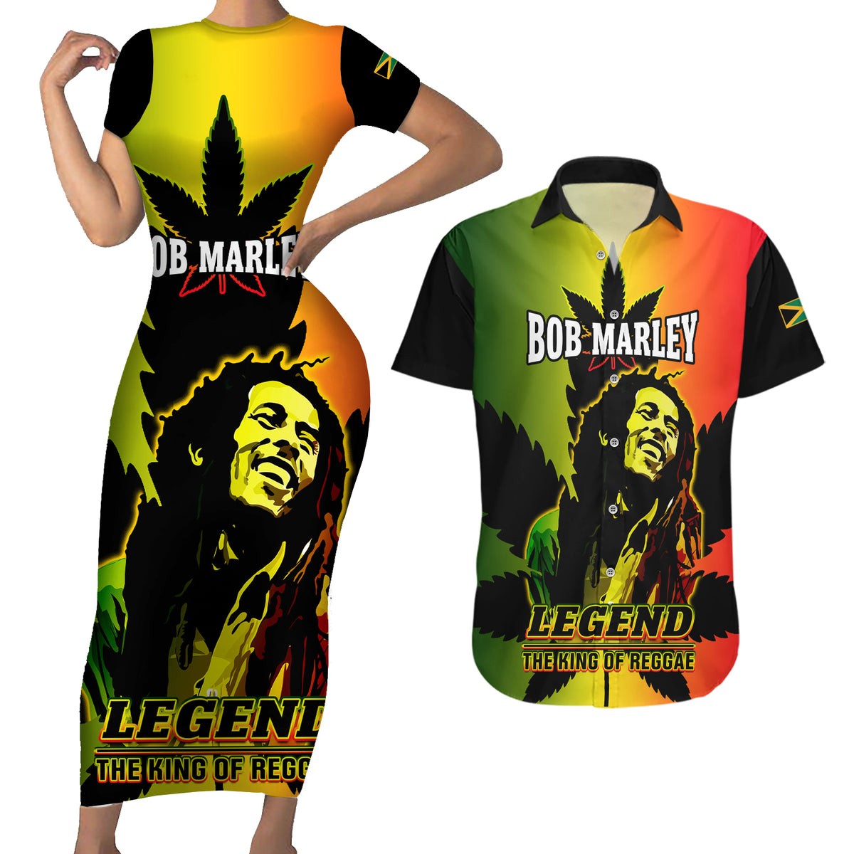 Jamaica Legend Bob Couples Matching Short Sleeve Bodycon Dress and Hawaiian Shirt The King Of Reggae - Wonder Print Shop