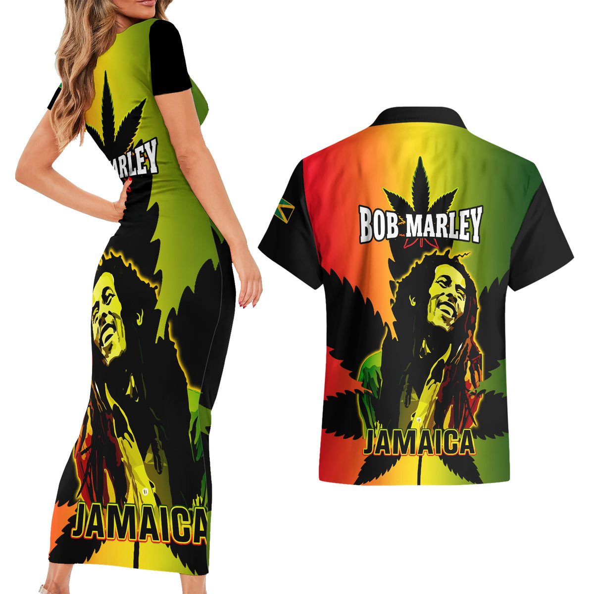 Jamaica Legend Bob Couples Matching Short Sleeve Bodycon Dress and Hawaiian Shirt The King Of Reggae - Wonder Print Shop