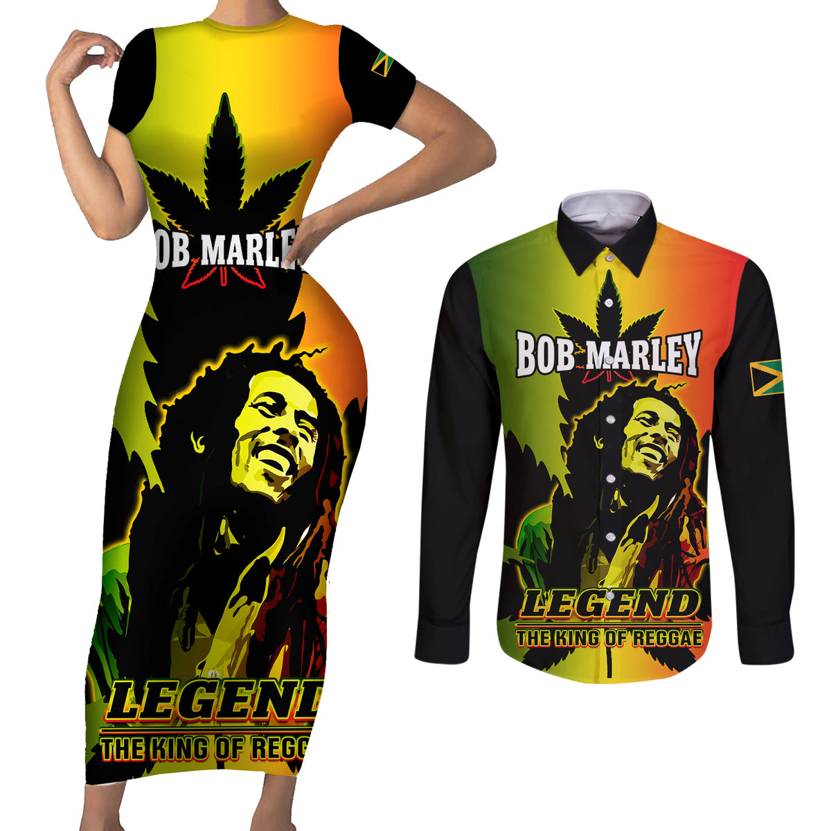 Jamaica Legend Bob Couples Matching Short Sleeve Bodycon Dress and Long Sleeve Button Shirts The King Of Reggae - Wonder Print Shop