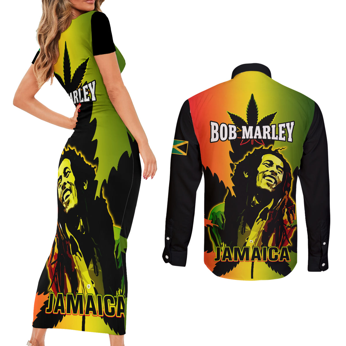 Jamaica Legend Bob Couples Matching Short Sleeve Bodycon Dress and Long Sleeve Button Shirts The King Of Reggae - Wonder Print Shop
