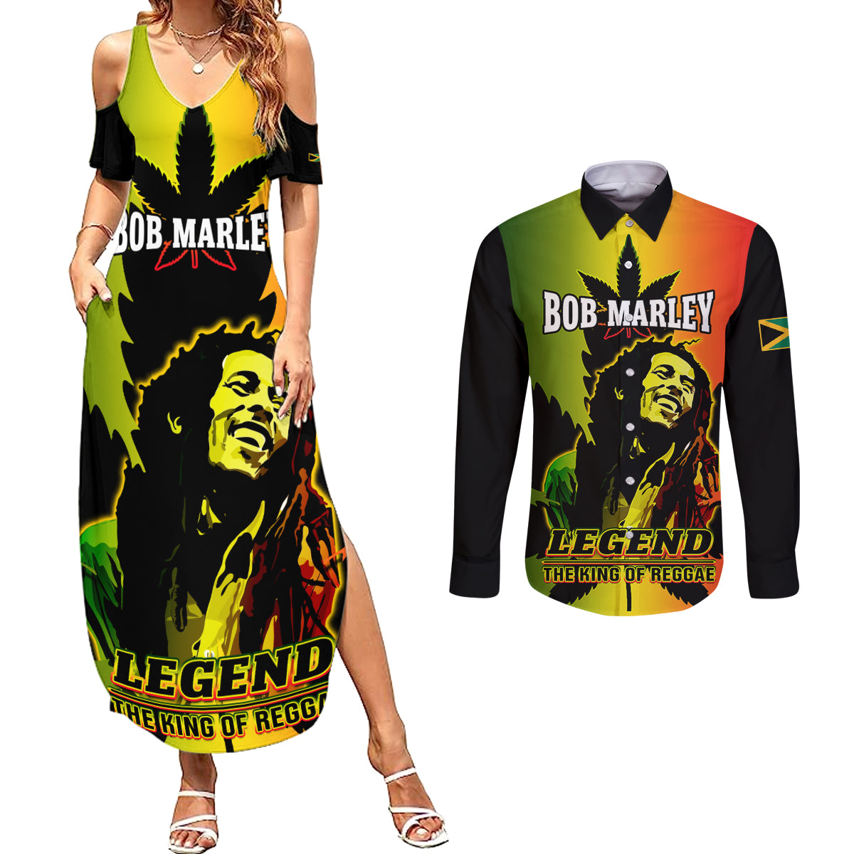 Jamaica Legend Bob Couples Matching Summer Maxi Dress and Long Sleeve Button Shirts The King Of Reggae - Wonder Print Shop