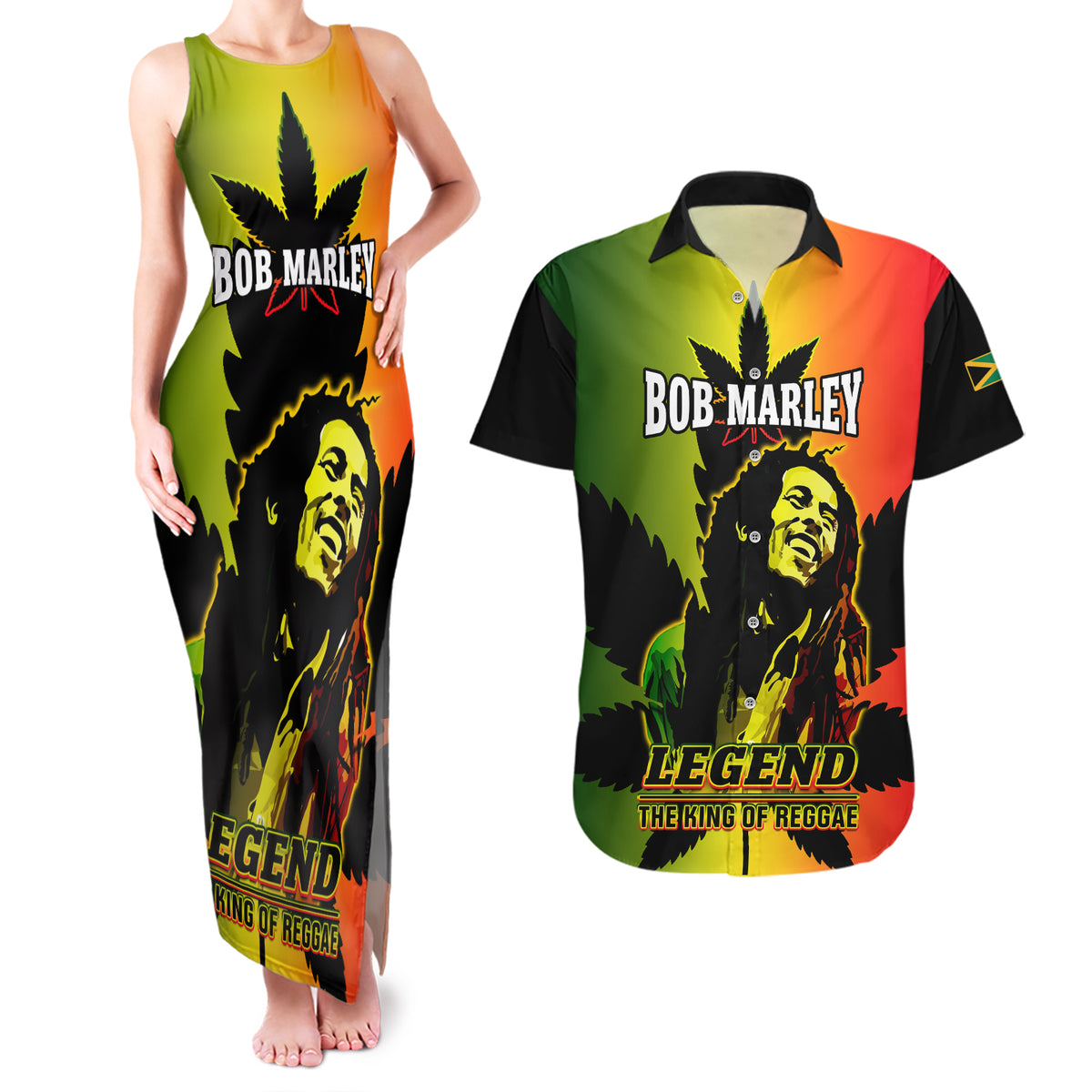 Jamaica Legend Bob Couples Matching Tank Maxi Dress and Hawaiian Shirt The King Of Reggae - Wonder Print Shop