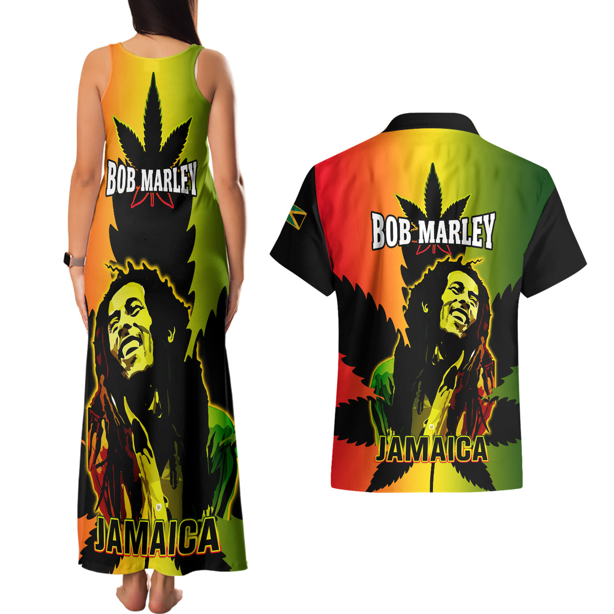 Jamaica Legend Bob Couples Matching Tank Maxi Dress and Hawaiian Shirt The King Of Reggae - Wonder Print Shop