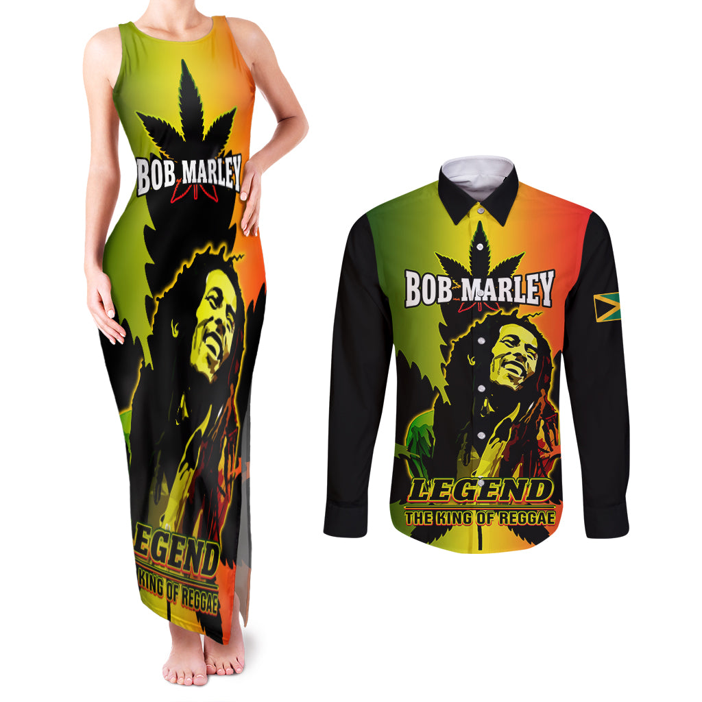 Jamaica Legend Bob Couples Matching Tank Maxi Dress and Long Sleeve Button Shirts The King Of Reggae - Wonder Print Shop