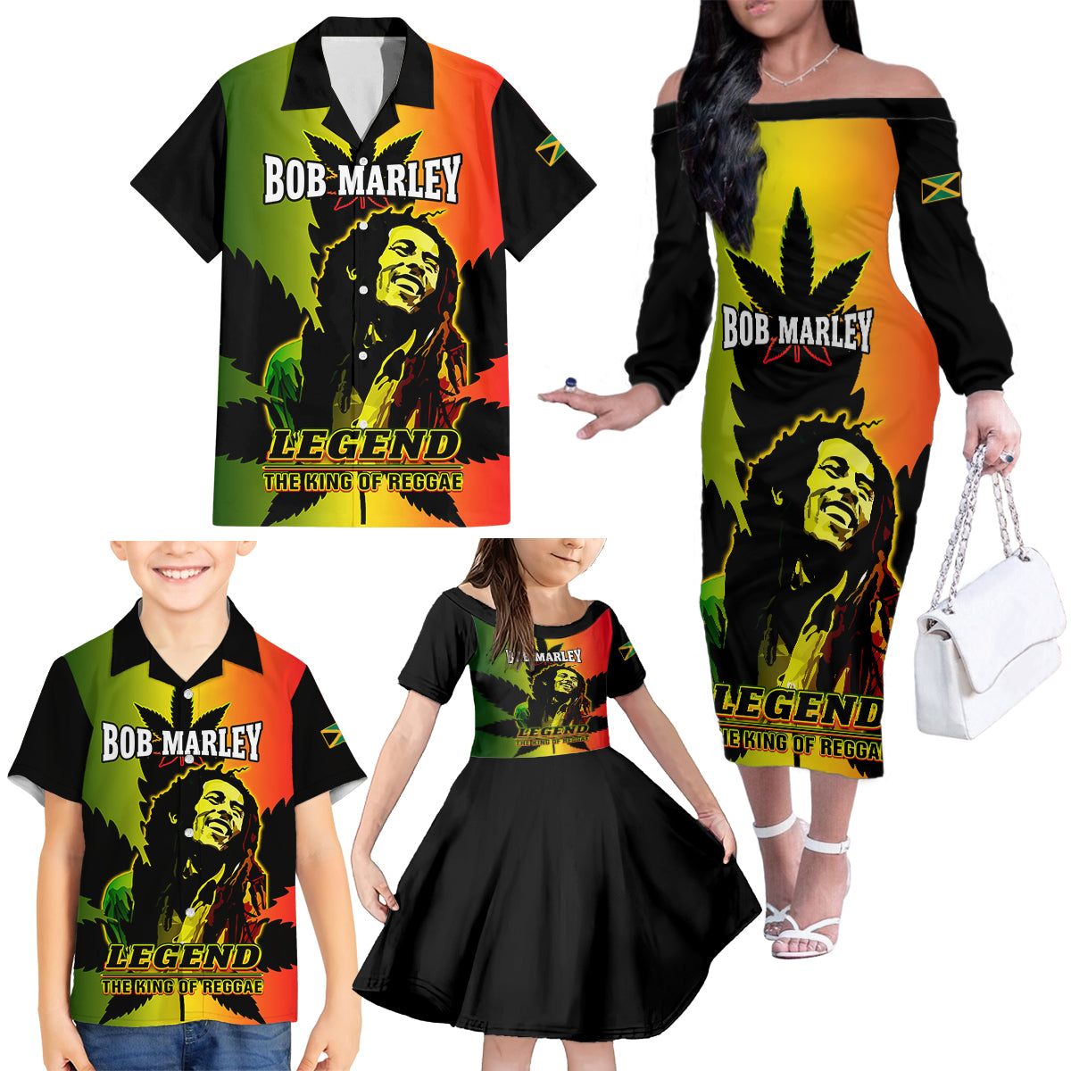 Jamaica Legend Bob Family Matching Off Shoulder Long Sleeve Dress and Hawaiian Shirt The King Of Reggae - Wonder Print Shop