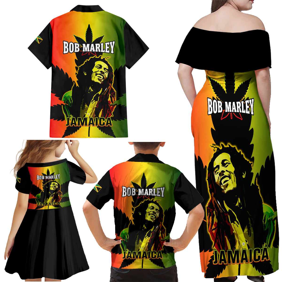Jamaica Legend Bob Family Matching Off Shoulder Long Sleeve Dress and Hawaiian Shirt The King Of Reggae - Wonder Print Shop