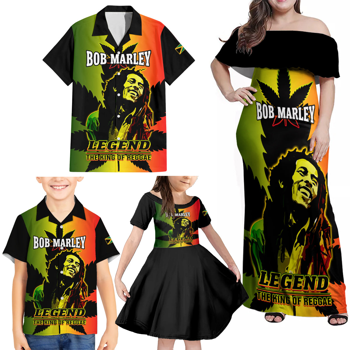 Jamaica Legend Bob Family Matching Off Shoulder Maxi Dress and Hawaiian Shirt The King Of Reggae - Wonder Print Shop