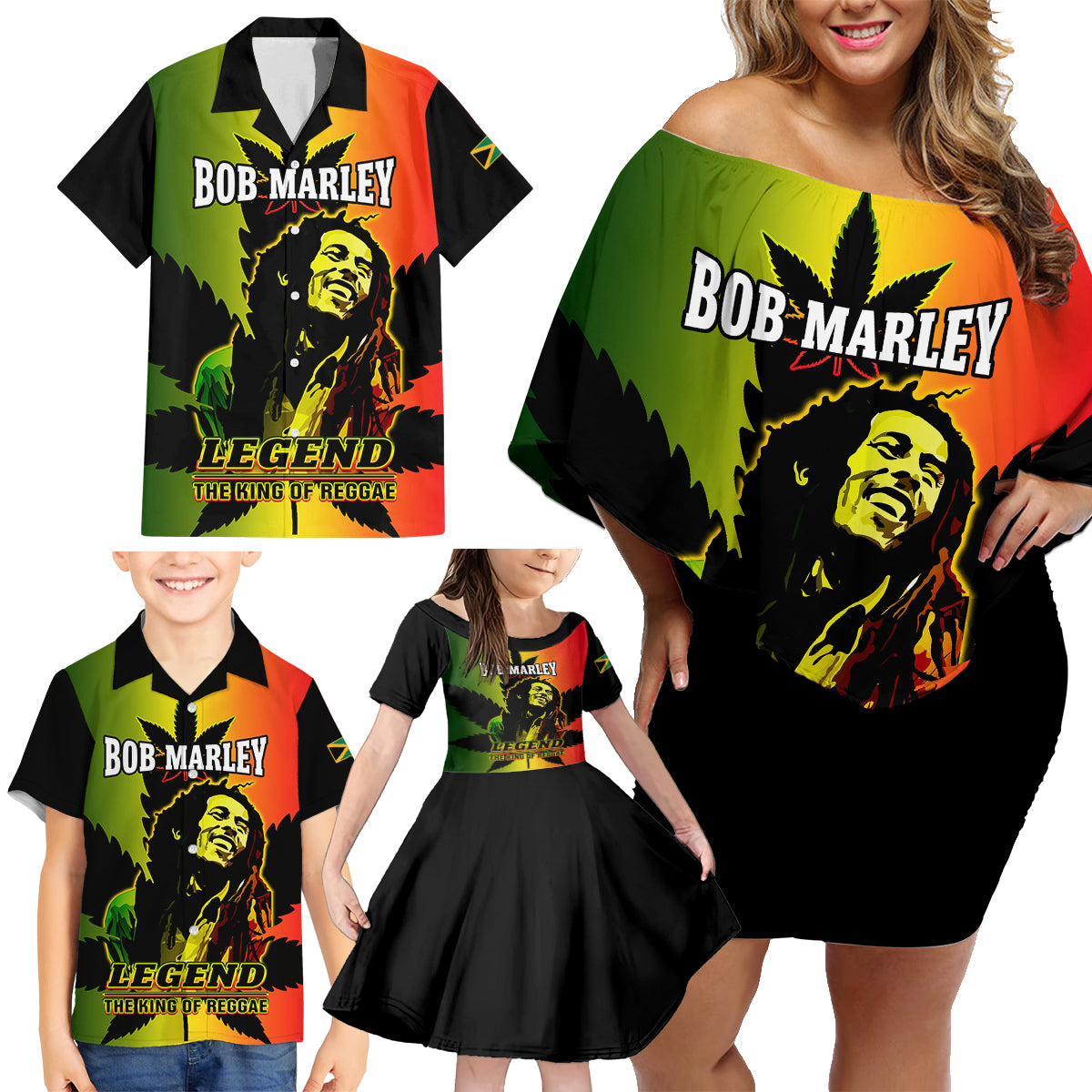 Jamaica Legend Bob Family Matching Off Shoulder Short Dress and Hawaiian Shirt The King Of Reggae - Wonder Print Shop