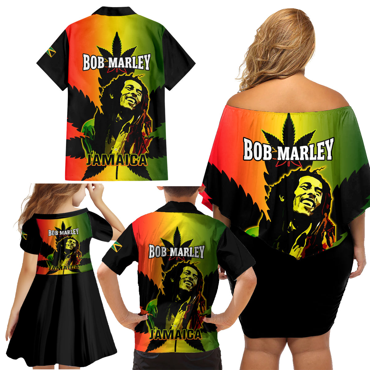 Jamaica Legend Bob Family Matching Off Shoulder Short Dress and Hawaiian Shirt The King Of Reggae - Wonder Print Shop