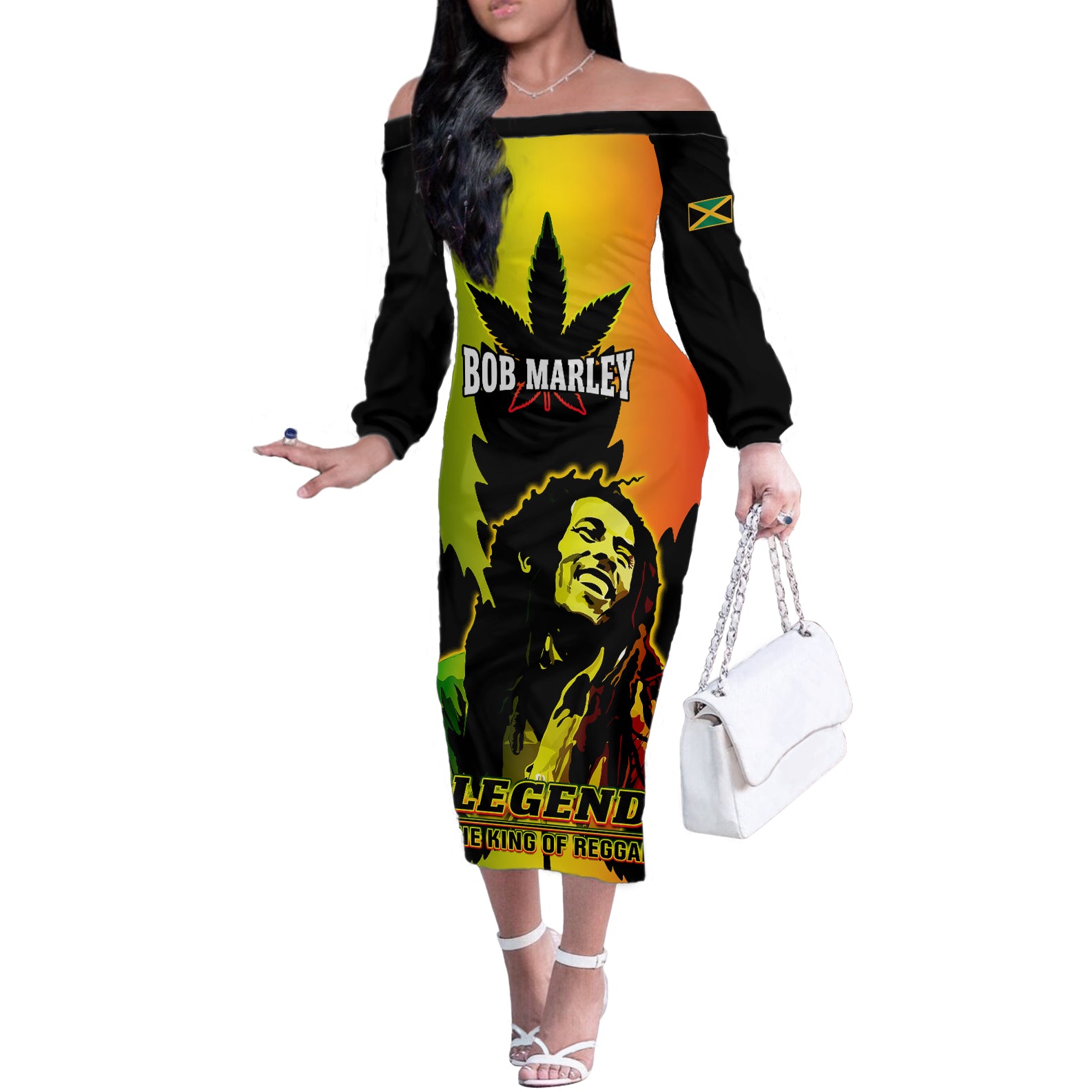 Jamaica Legend Bob Off The Shoulder Long Sleeve Dress The King Of Reggae - Wonder Print Shop