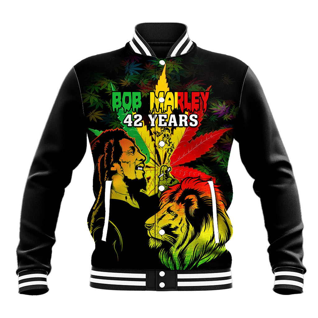 Jamaica Legend Bob Baseball Jacket Lion With Cannabis Leaf Pattern - Wonder Print Shop