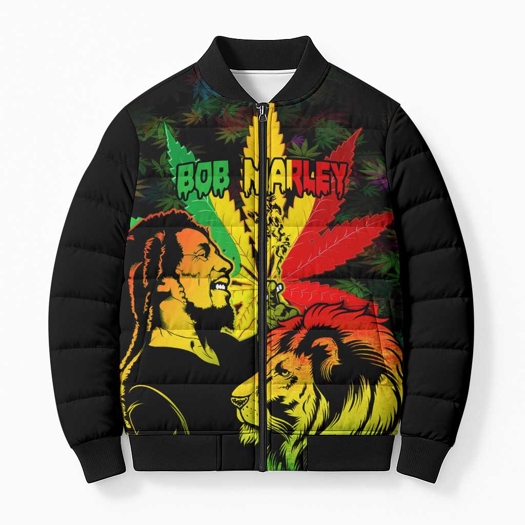 Jamaica Legend Bob Bomber Puffer Jacket Lion With Cannabis Leaf Pattern - Wonder Print Shop