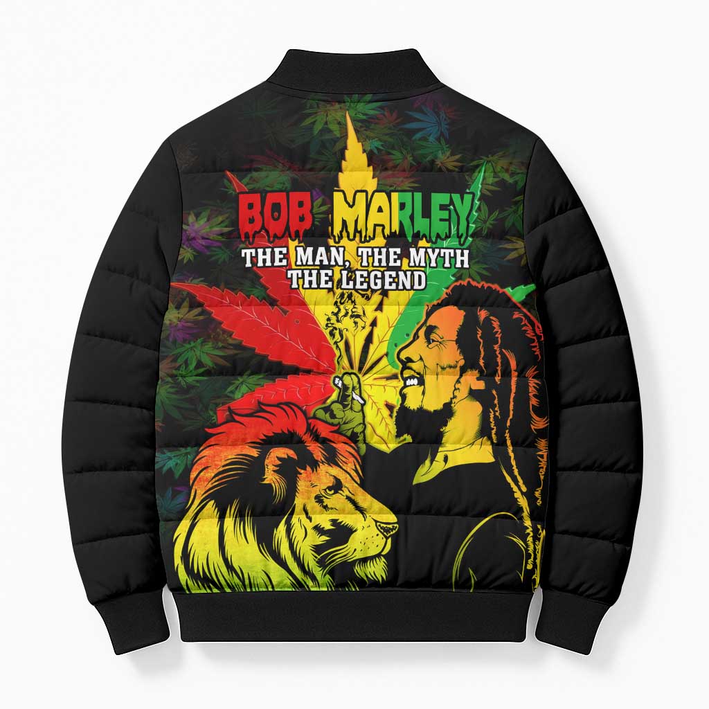 Jamaica Legend Bob Bomber Puffer Jacket Lion With Cannabis Leaf Pattern - Wonder Print Shop