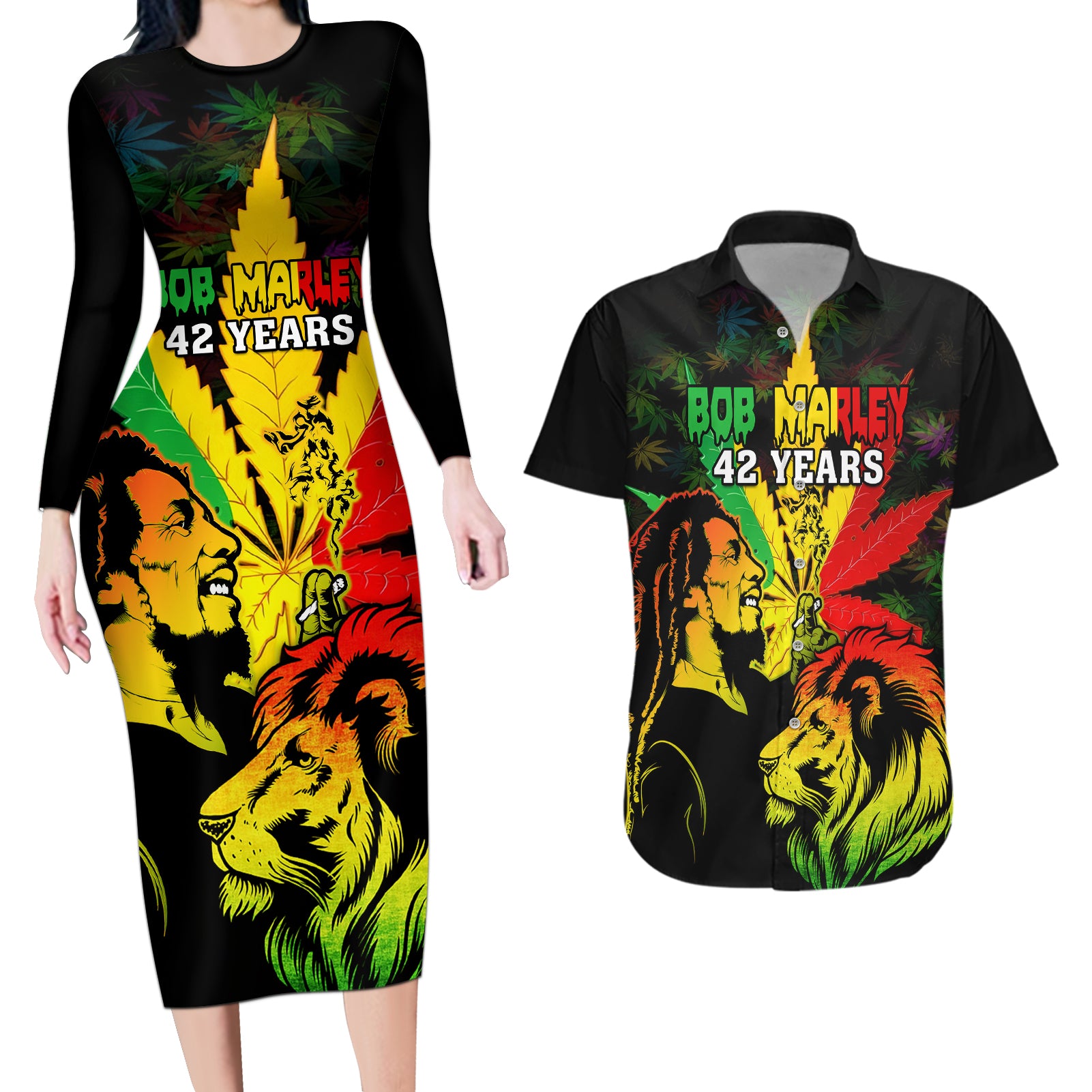 Jamaica Legend Bob Couples Matching Long Sleeve Bodycon Dress and Hawaiian Shirt Lion With Cannabis Leaf Pattern - Wonder Print Shop