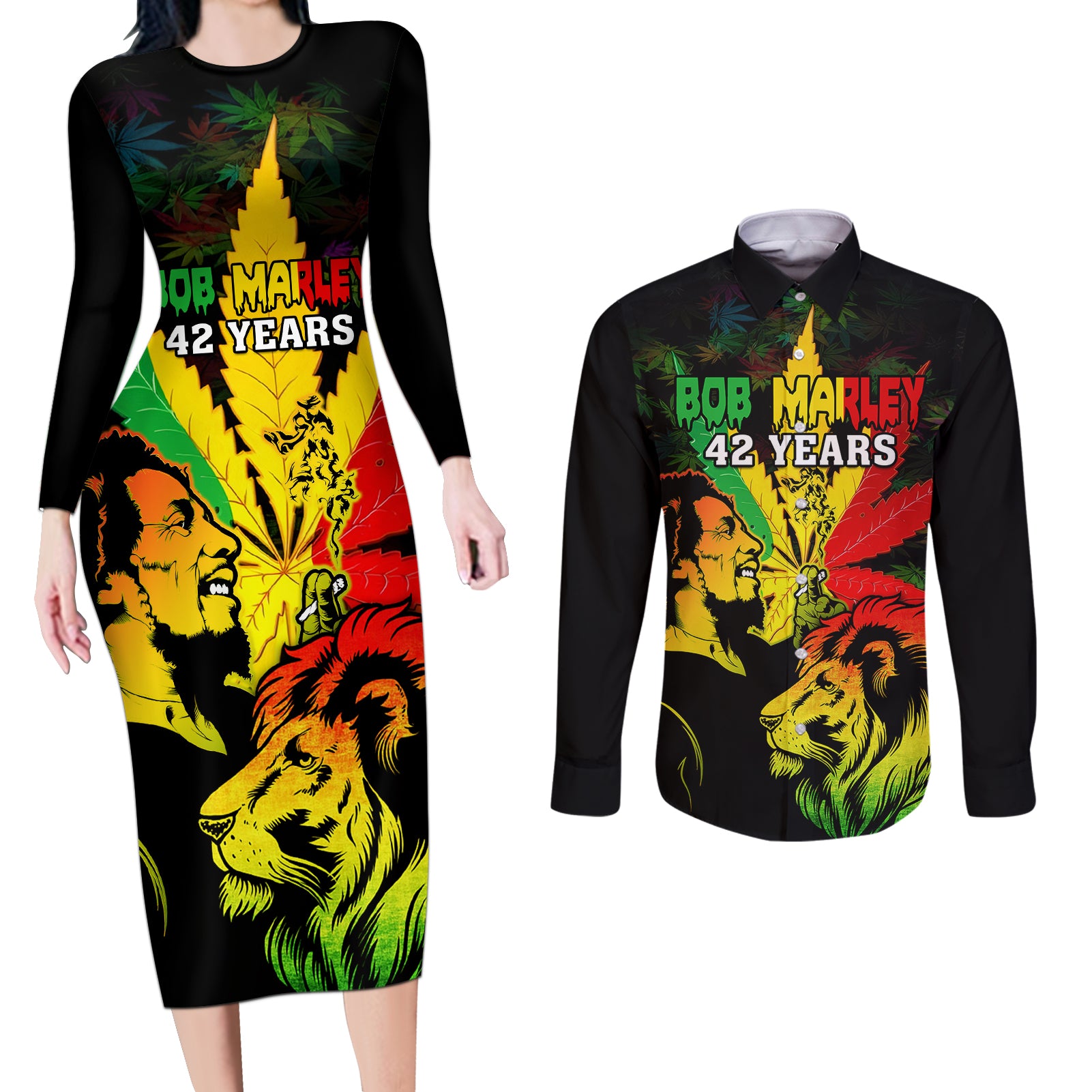 Jamaica Legend Bob Couples Matching Long Sleeve Bodycon Dress and Long Sleeve Button Shirts Lion With Cannabis Leaf Pattern - Wonder Print Shop