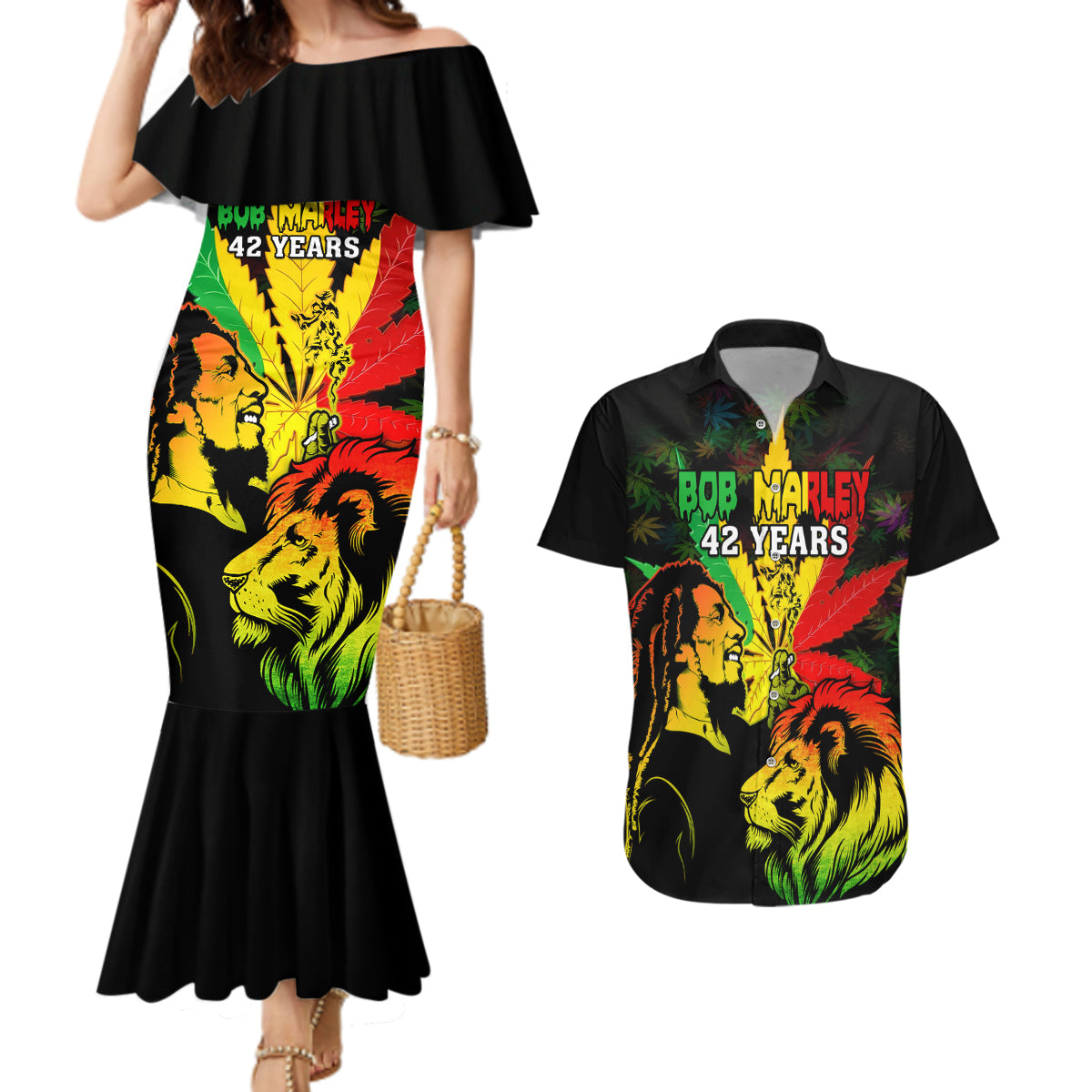 Jamaica Legend Bob Couples Matching Mermaid Dress and Hawaiian Shirt Lion With Cannabis Leaf Pattern - Wonder Print Shop