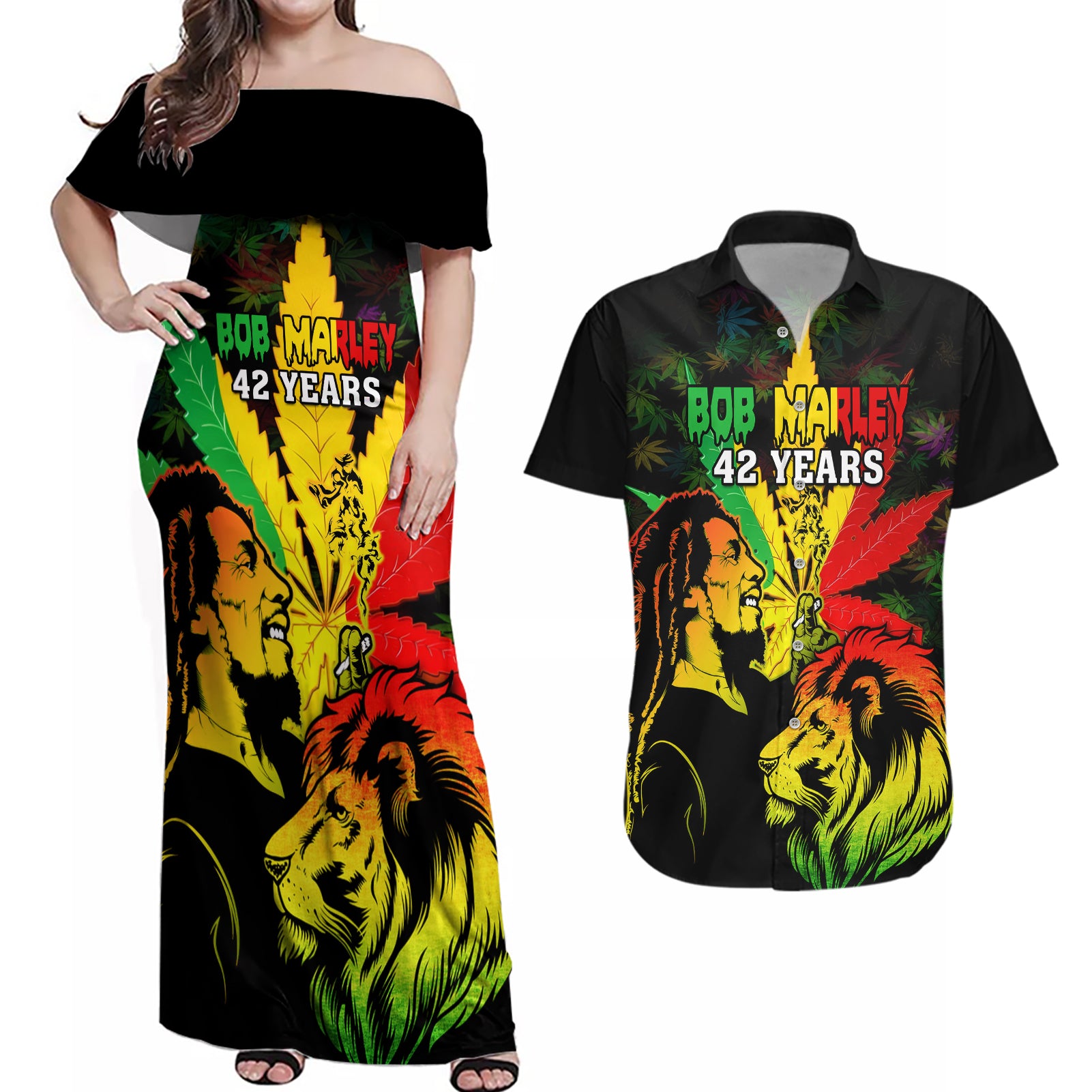 Jamaica Legend Bob Couples Matching Off Shoulder Maxi Dress and Hawaiian Shirt Lion With Cannabis Leaf Pattern - Wonder Print Shop