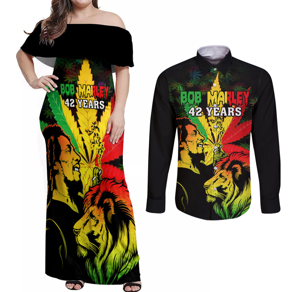 Jamaica Legend Bob Couples Matching Off Shoulder Maxi Dress and Long Sleeve Button Shirts Lion With Cannabis Leaf Pattern - Wonder Print Shop