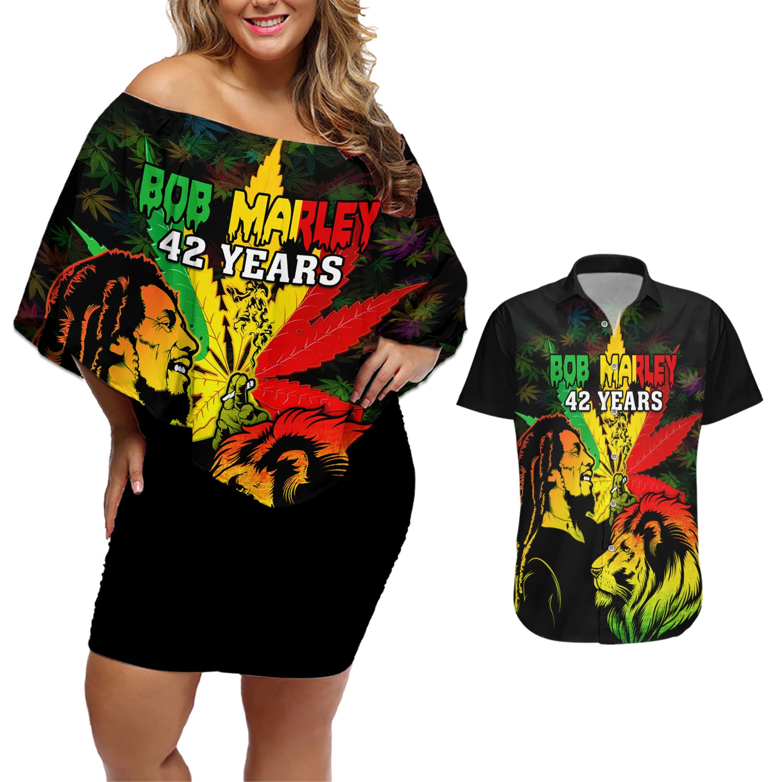 Jamaica Legend Bob Couples Matching Off Shoulder Short Dress and Hawaiian Shirt Lion With Cannabis Leaf Pattern - Wonder Print Shop