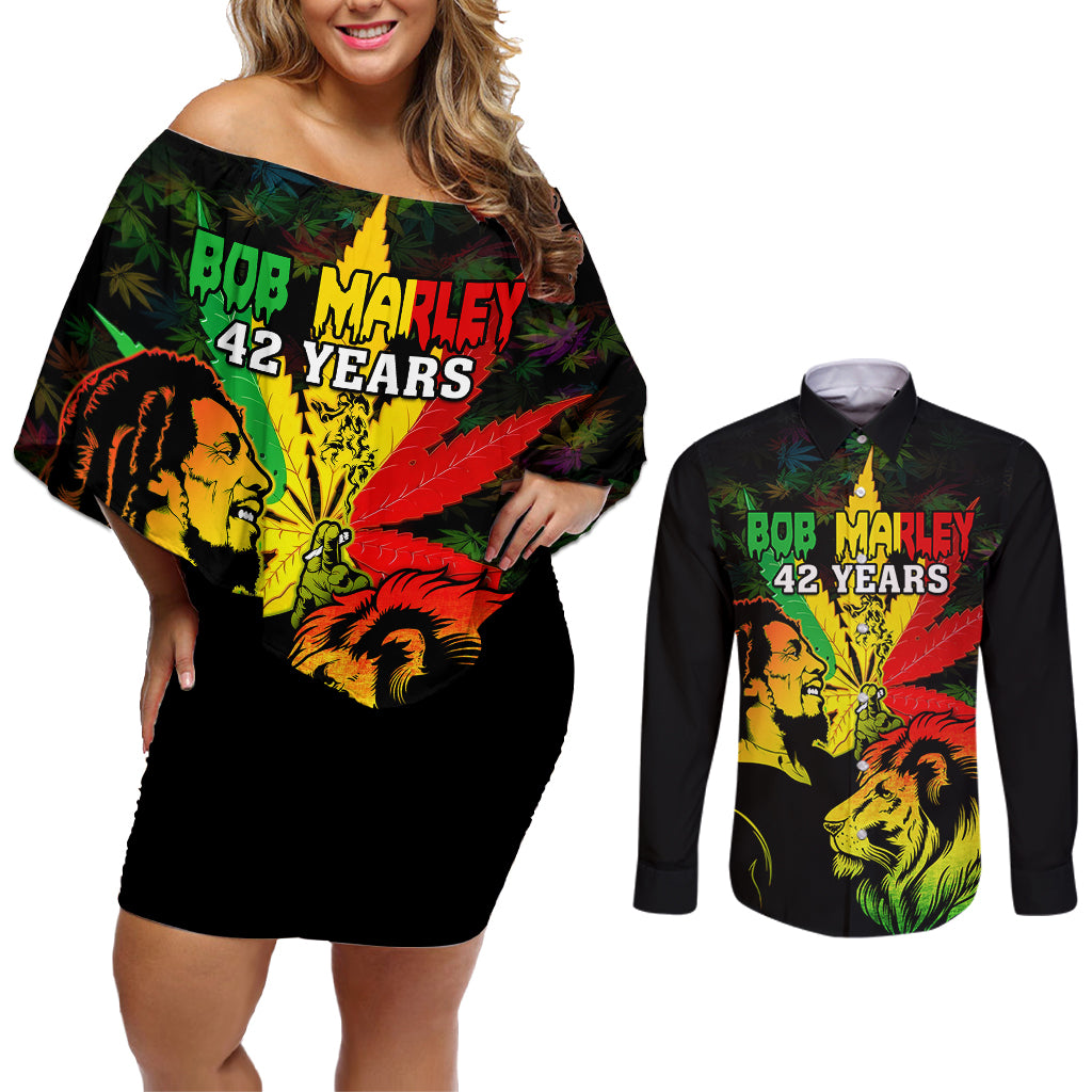 Jamaica Legend Bob Couples Matching Off Shoulder Short Dress and Long Sleeve Button Shirts Lion With Cannabis Leaf Pattern - Wonder Print Shop