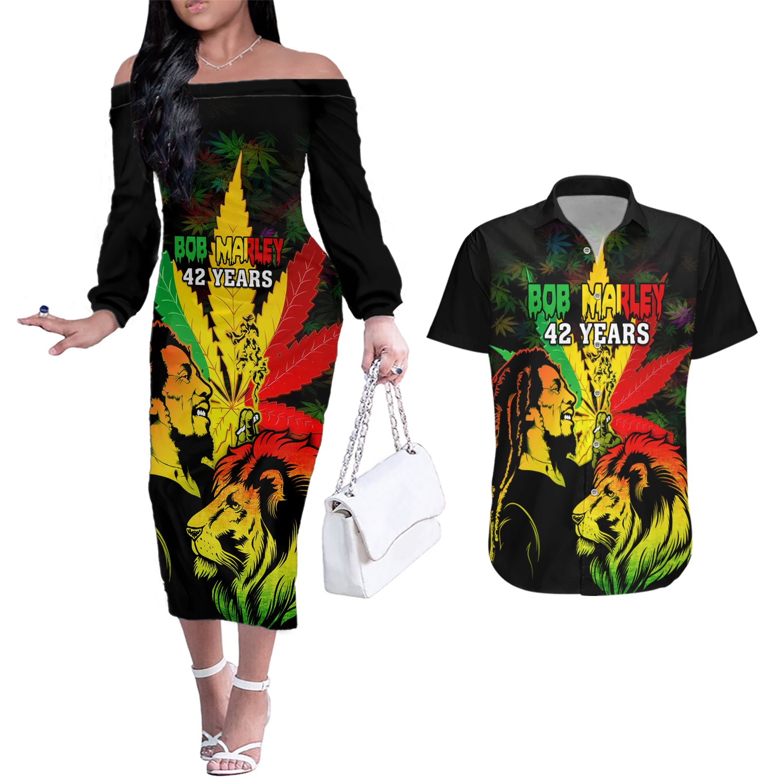 Jamaica Legend Bob Couples Matching Off The Shoulder Long Sleeve Dress and Hawaiian Shirt Lion With Cannabis Leaf Pattern - Wonder Print Shop