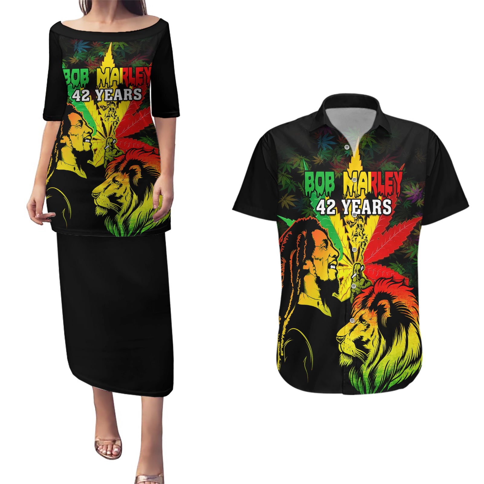 Jamaica Legend Bob Couples Matching Puletasi Dress and Hawaiian Shirt Lion With Cannabis Leaf Pattern - Wonder Print Shop