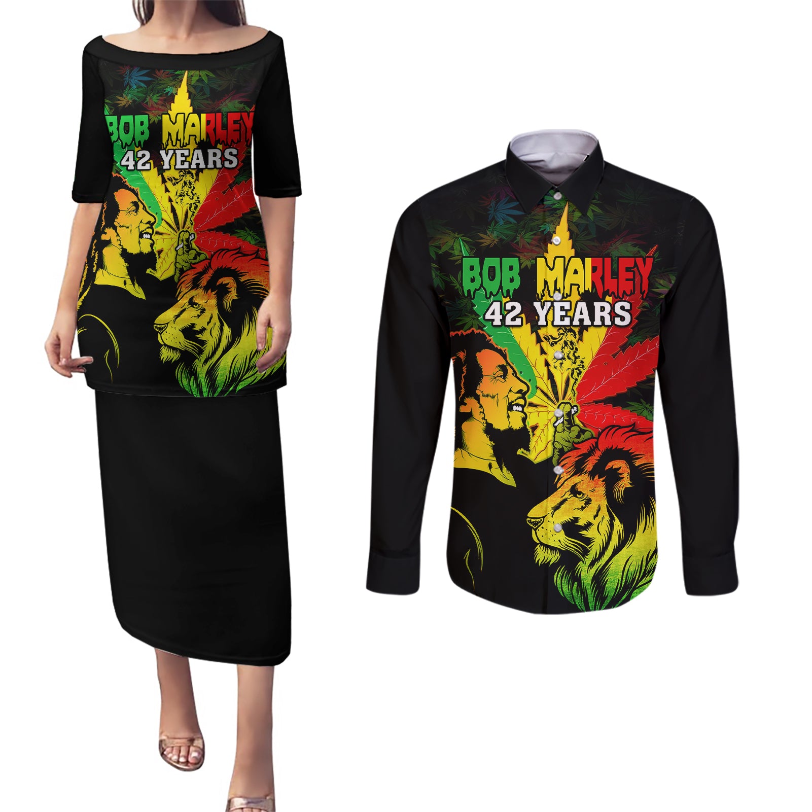Jamaica Legend Bob Couples Matching Puletasi Dress and Long Sleeve Button Shirts Lion With Cannabis Leaf Pattern - Wonder Print Shop
