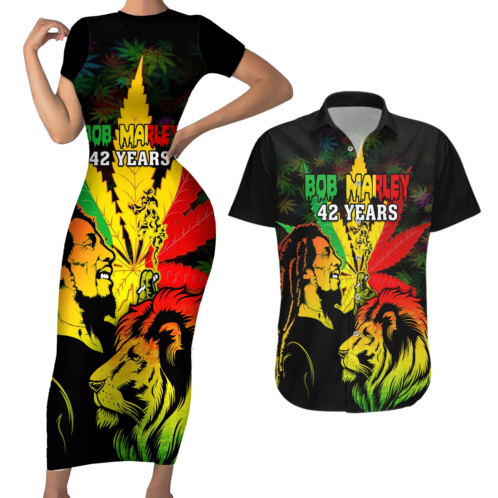 Jamaica Legend Bob Couples Matching Short Sleeve Bodycon Dress and Hawaiian Shirt Lion With Cannabis Leaf Pattern - Wonder Print Shop