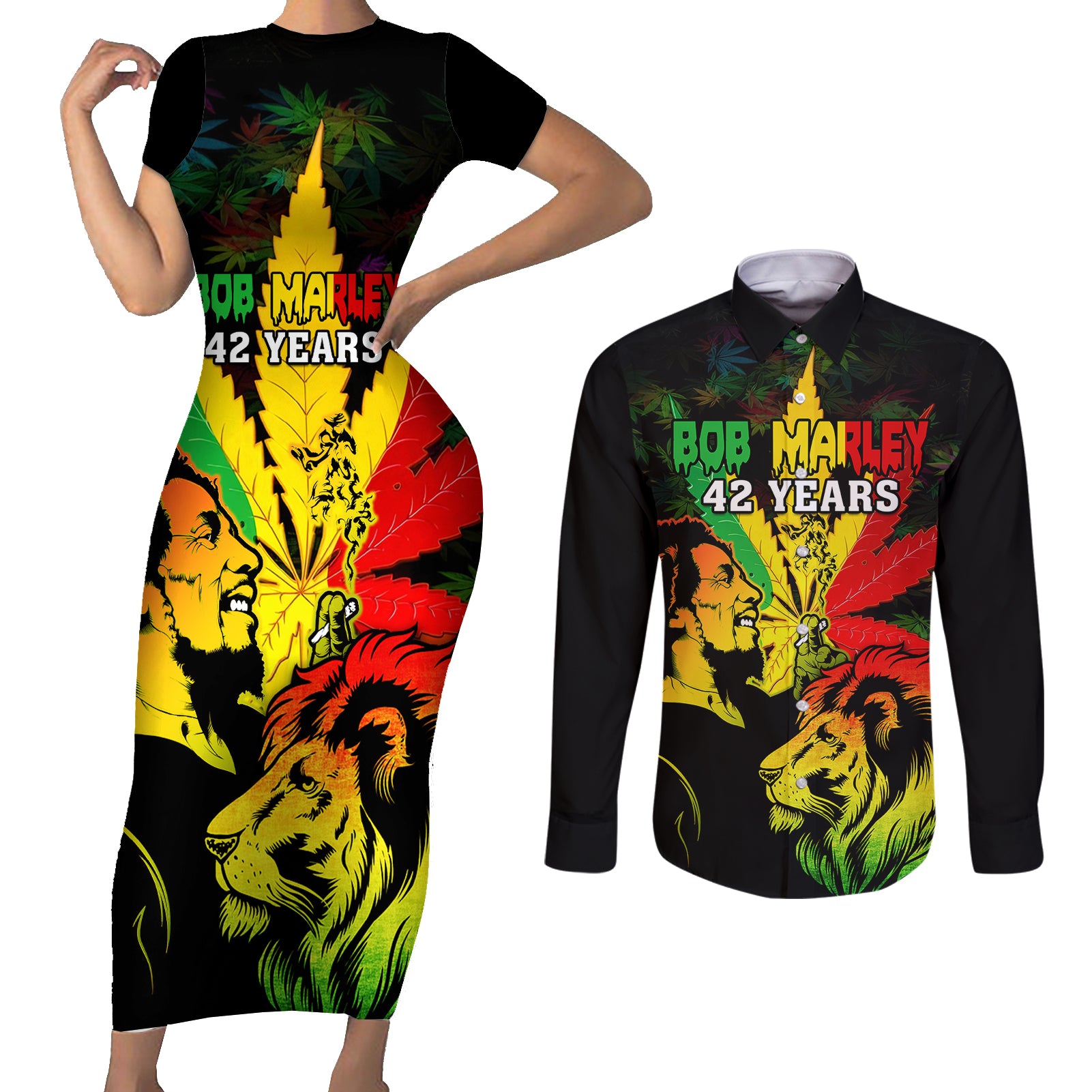 Jamaica Legend Bob Couples Matching Short Sleeve Bodycon Dress and Long Sleeve Button Shirts Lion With Cannabis Leaf Pattern - Wonder Print Shop