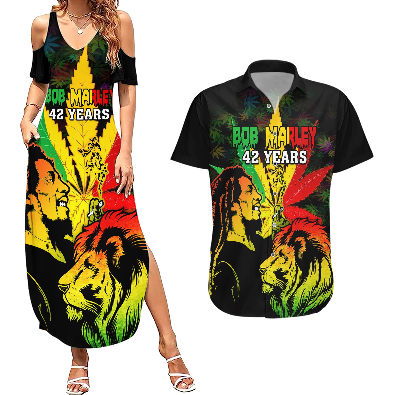 Jamaica Legend Bob Couples Matching Summer Maxi Dress and Hawaiian Shirt Lion With Cannabis Leaf Pattern - Wonder Print Shop