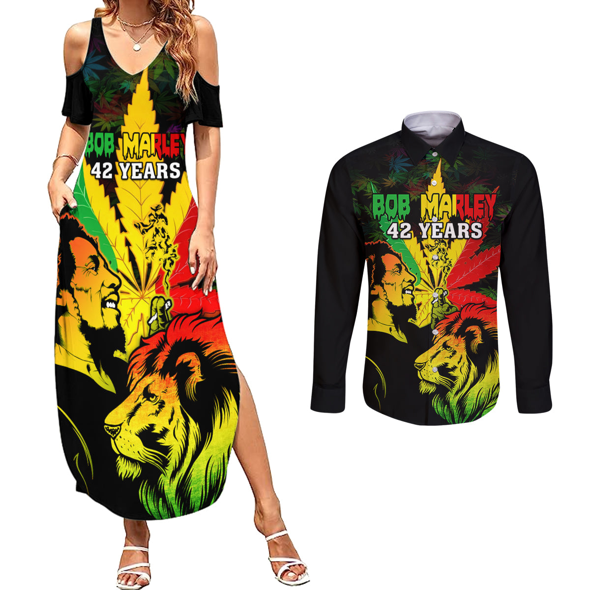 Jamaica Legend Bob Couples Matching Summer Maxi Dress and Long Sleeve Button Shirts Lion With Cannabis Leaf Pattern - Wonder Print Shop