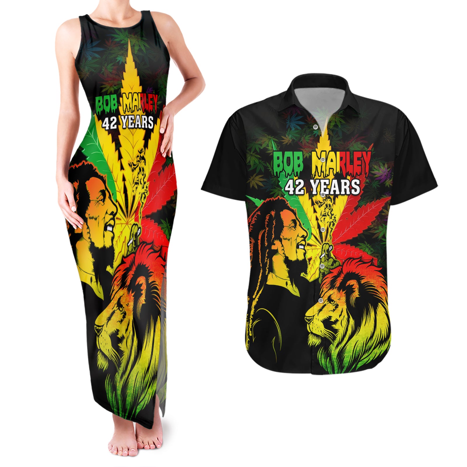 Jamaica Legend Bob Couples Matching Tank Maxi Dress and Hawaiian Shirt Lion With Cannabis Leaf Pattern - Wonder Print Shop