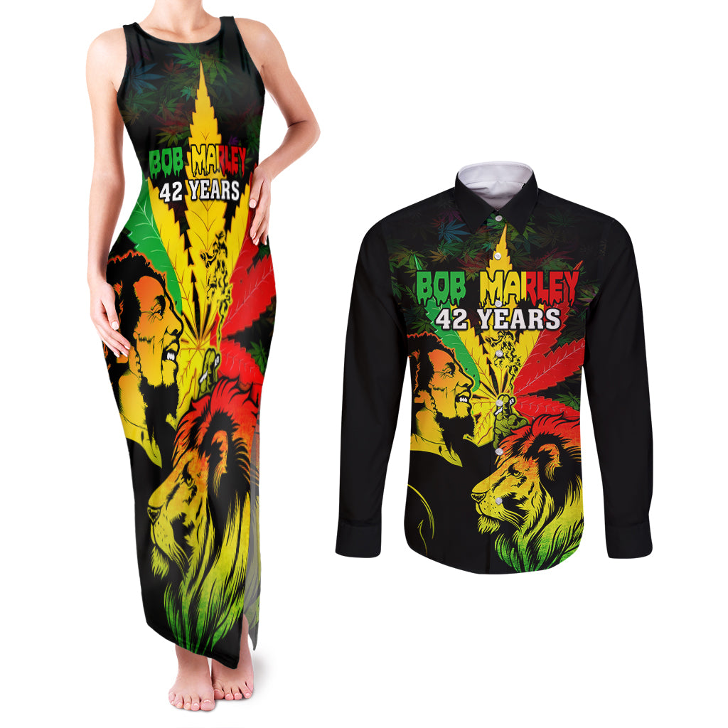 Jamaica Legend Bob Couples Matching Tank Maxi Dress and Long Sleeve Button Shirts Lion With Cannabis Leaf Pattern - Wonder Print Shop