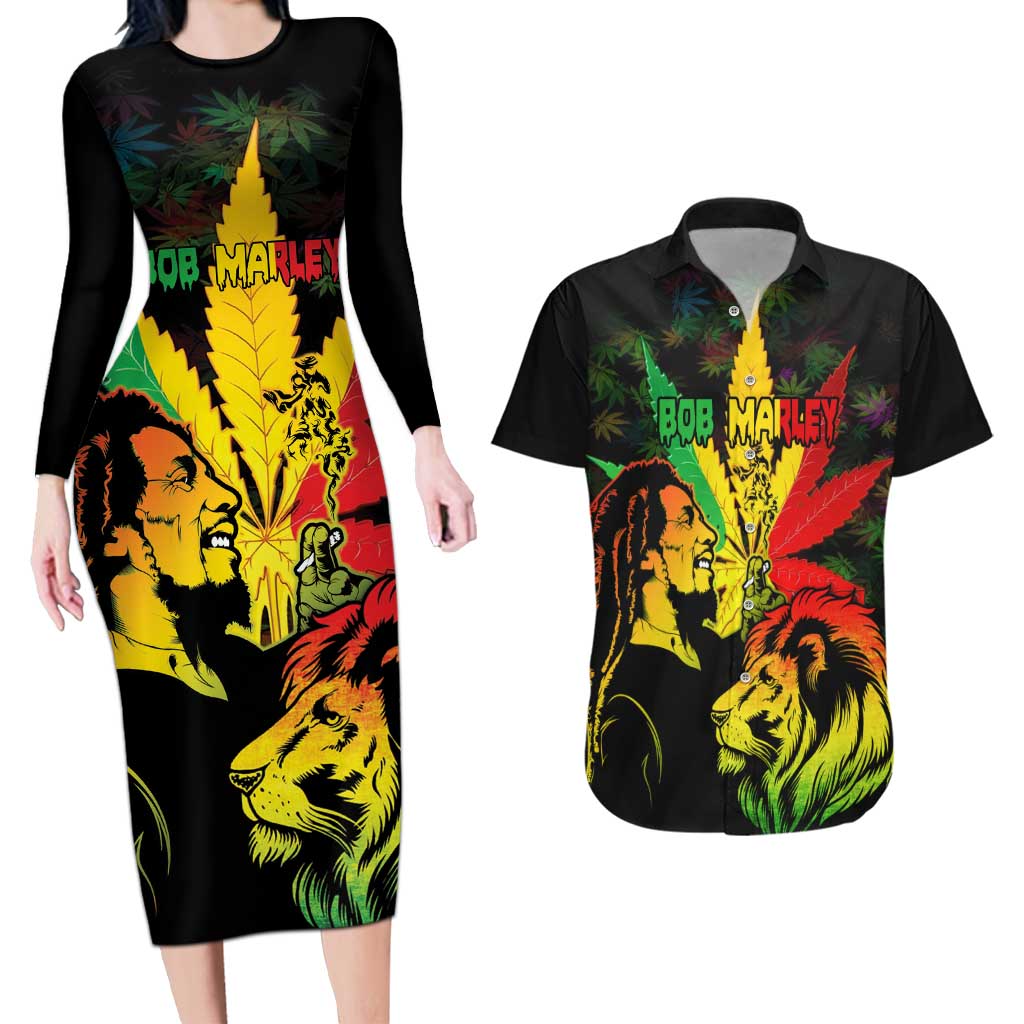 Jamaica Legend Bob Couples Matching Long Sleeve Bodycon Dress and Hawaiian Shirt Lion With Cannabis Leaf Pattern LT14