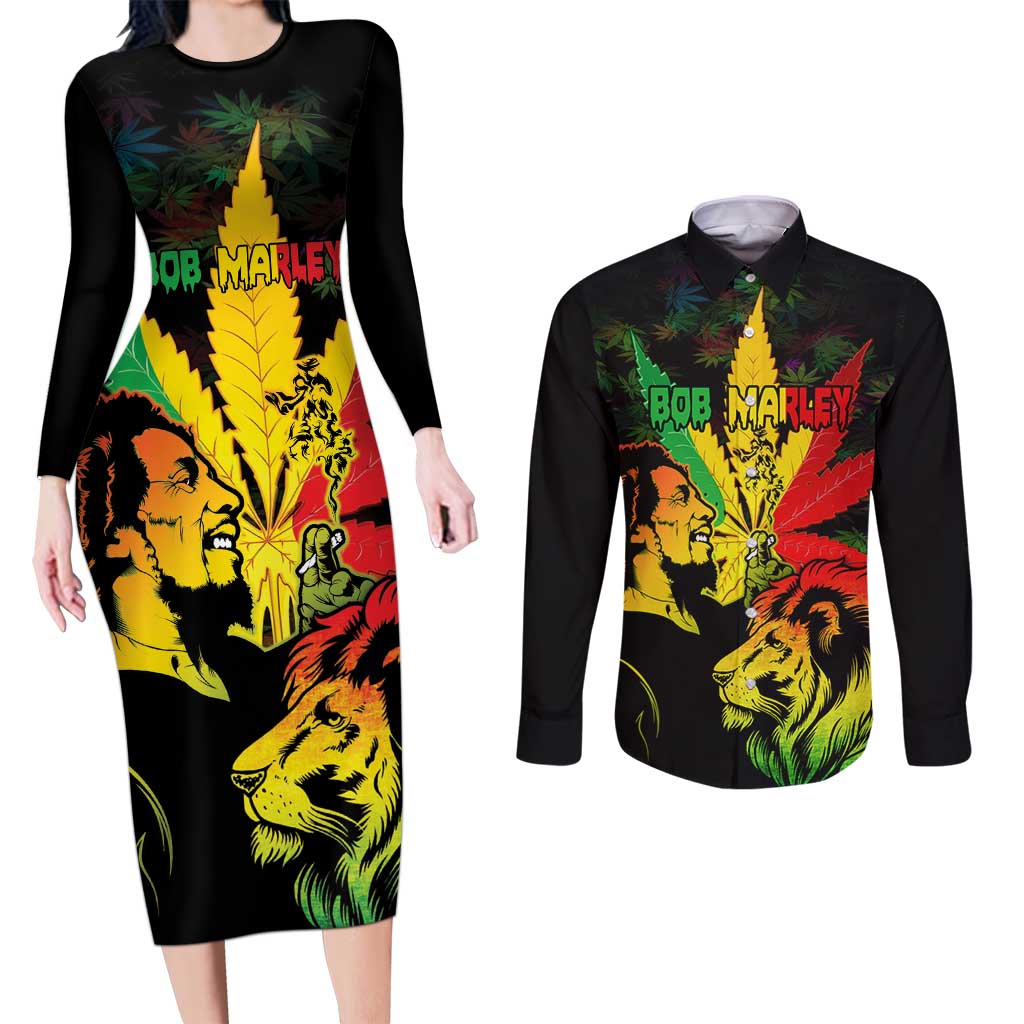 Jamaica Legend Bob Couples Matching Long Sleeve Bodycon Dress and Long Sleeve Button Shirts Lion With Cannabis Leaf Pattern LT14