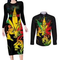 Jamaica Legend Bob Couples Matching Long Sleeve Bodycon Dress and Long Sleeve Button Shirts Lion With Cannabis Leaf Pattern LT14