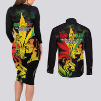 Jamaica Legend Bob Couples Matching Long Sleeve Bodycon Dress and Long Sleeve Button Shirts Lion With Cannabis Leaf Pattern LT14