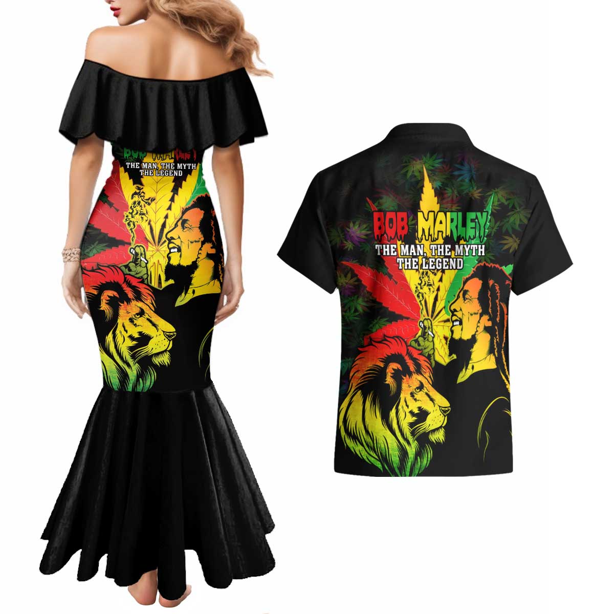 Jamaica Legend Bob Couples Matching Mermaid Dress and Hawaiian Shirt Lion With Cannabis Leaf Pattern LT14