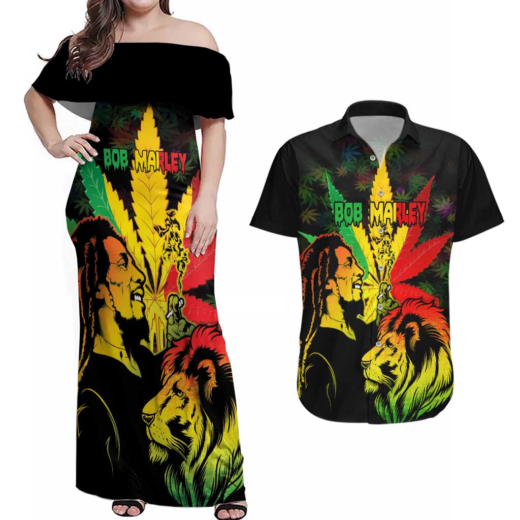 Jamaica Legend Bob Couples Matching Off Shoulder Maxi Dress and Hawaiian Shirt Lion With Cannabis Leaf Pattern LT14