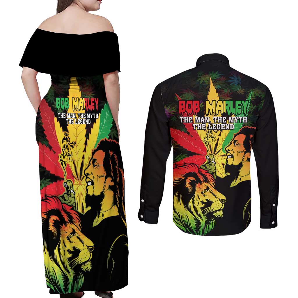 Jamaica Legend Bob Couples Matching Off Shoulder Maxi Dress and Long Sleeve Button Shirts Lion With Cannabis Leaf Pattern LT14