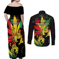Jamaica Legend Bob Couples Matching Off Shoulder Maxi Dress and Long Sleeve Button Shirts Lion With Cannabis Leaf Pattern LT14