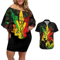 Jamaica Legend Bob Couples Matching Off Shoulder Short Dress and Hawaiian Shirt Lion With Cannabis Leaf Pattern LT14