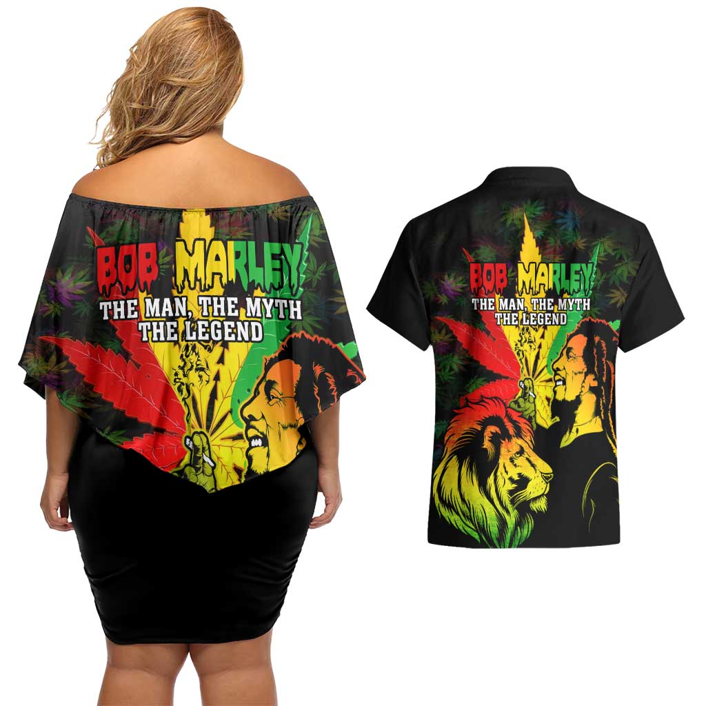 Jamaica Legend Bob Couples Matching Off Shoulder Short Dress and Hawaiian Shirt Lion With Cannabis Leaf Pattern LT14