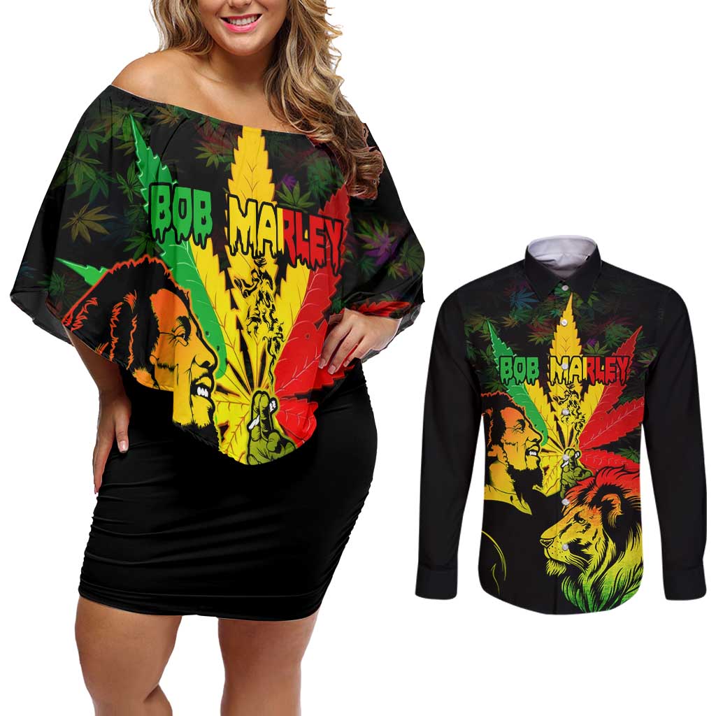 Jamaica Legend Bob Couples Matching Off Shoulder Short Dress and Long Sleeve Button Shirts Lion With Cannabis Leaf Pattern LT14