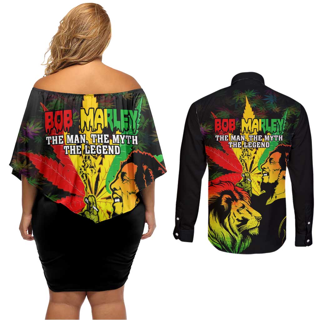 Jamaica Legend Bob Couples Matching Off Shoulder Short Dress and Long Sleeve Button Shirts Lion With Cannabis Leaf Pattern LT14