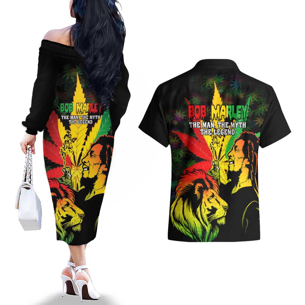 Jamaica Legend Bob Couples Matching Off The Shoulder Long Sleeve Dress and Hawaiian Shirt Lion With Cannabis Leaf Pattern LT14