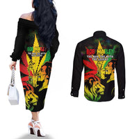 Jamaica Legend Bob Couples Matching Off The Shoulder Long Sleeve Dress and Long Sleeve Button Shirts Lion With Cannabis Leaf Pattern LT14