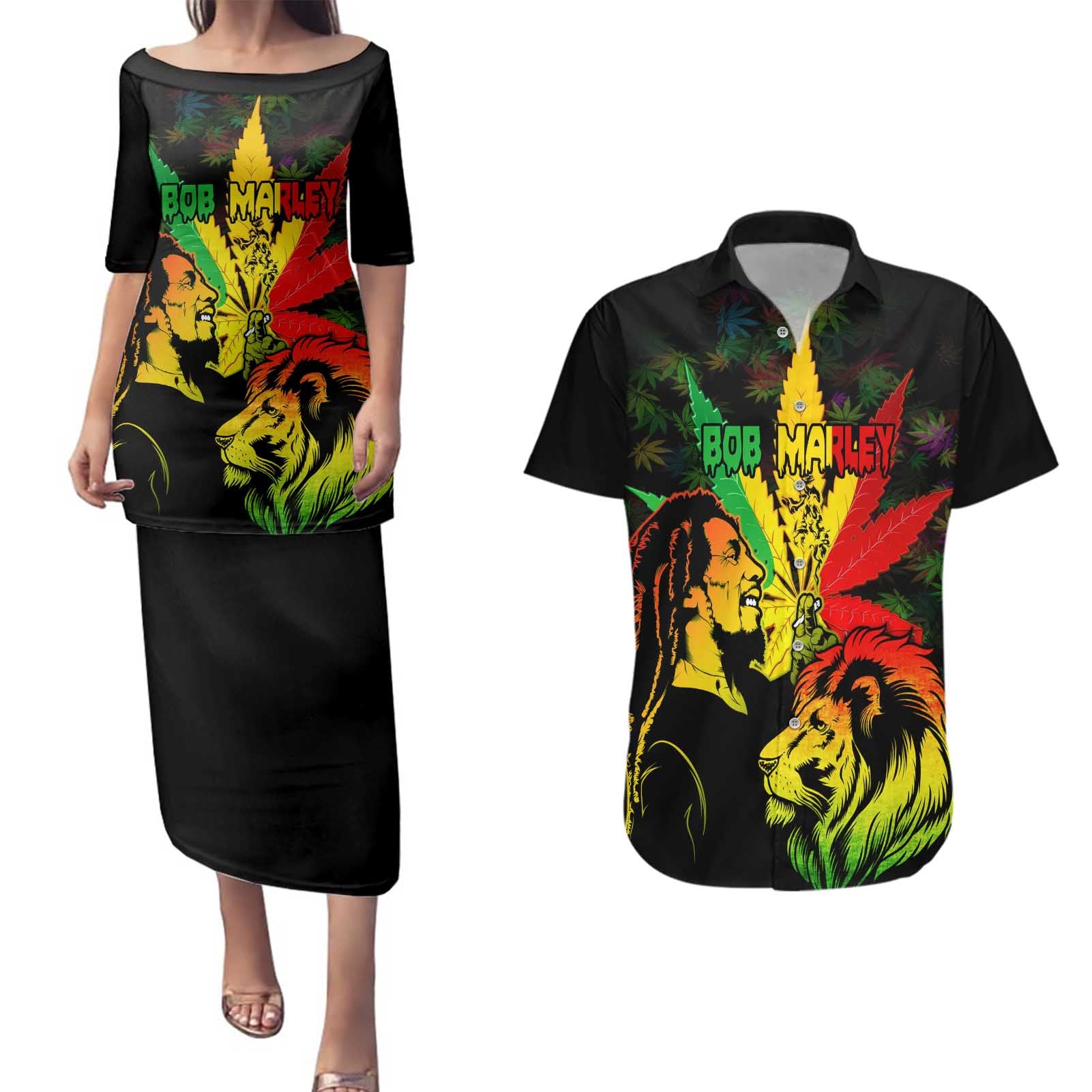 Jamaica Legend Bob Couples Matching Puletasi Dress and Hawaiian Shirt Lion With Cannabis Leaf Pattern LT14