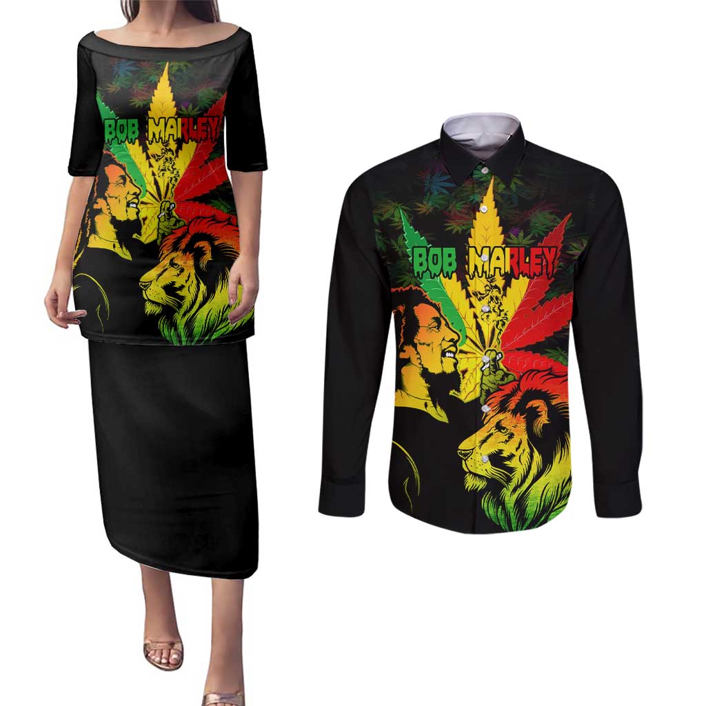 Jamaica Legend Bob Couples Matching Puletasi Dress and Long Sleeve Button Shirts Lion With Cannabis Leaf Pattern LT14
