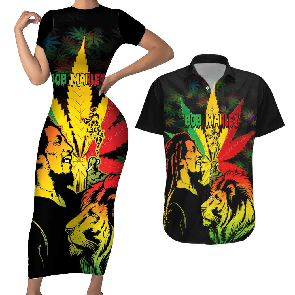 Jamaica Legend Bob Couples Matching Short Sleeve Bodycon Dress and Hawaiian Shirt Lion With Cannabis Leaf Pattern LT14